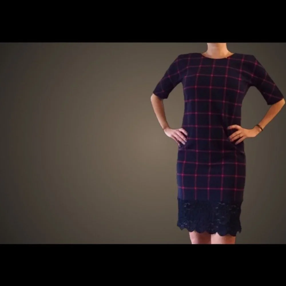 Michael Kors Navy & Red Plaid Lace Dress - Picture 2 of 9
